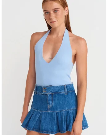 Bluza dama,  Slim Fit, guler halter, Albastru deschis, tricotat,