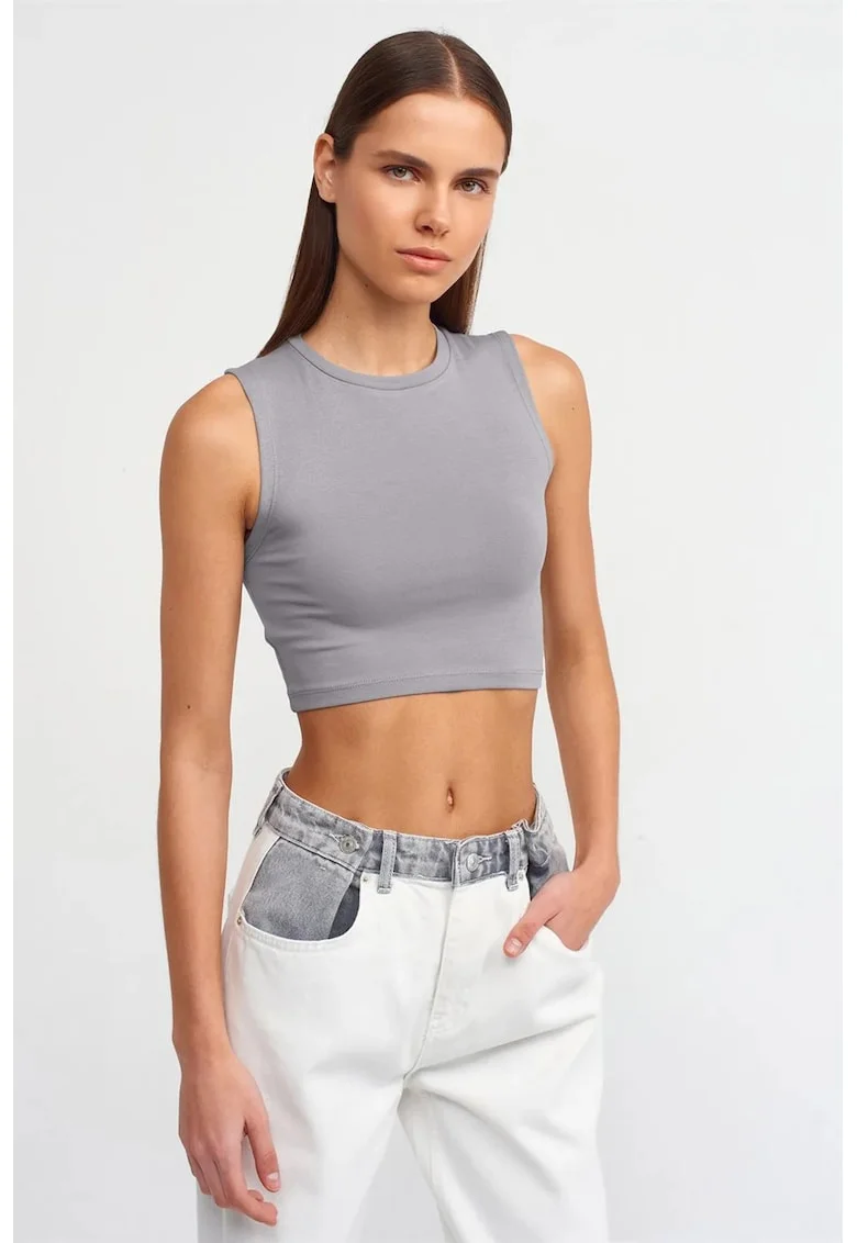 Top scurt fara maneci,  gri ardezie, bumbac cu elastan, casual,