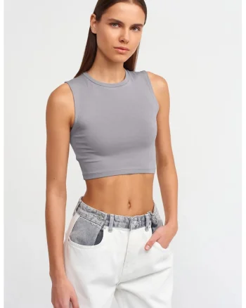 Top scurt fara maneci,  gri ardezie, bumbac cu elastan, casual,
