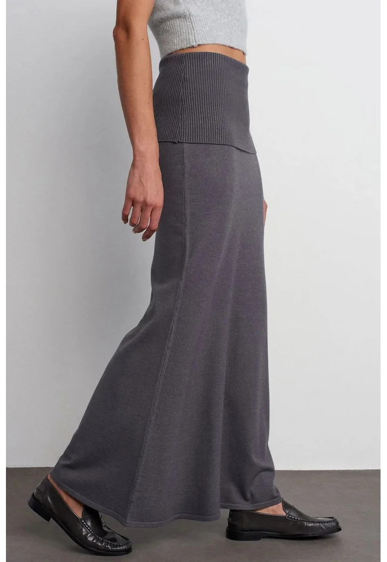 Fusta Maxi  Gri antracit, talie inalta, nervuri, 50% viscoza/28% poliester/22% poliamida, One Size