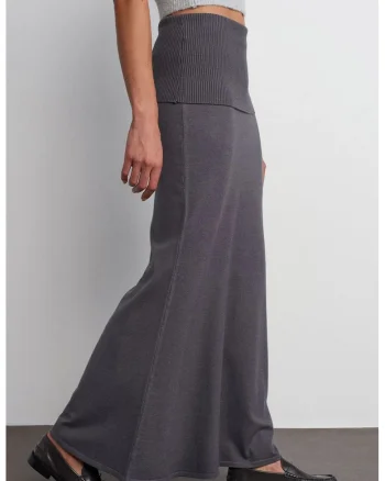 Fusta Maxi  Gri antracit, talie inalta, nervuri, 50% viscoza/28% poliester/22% poliamida, One Size