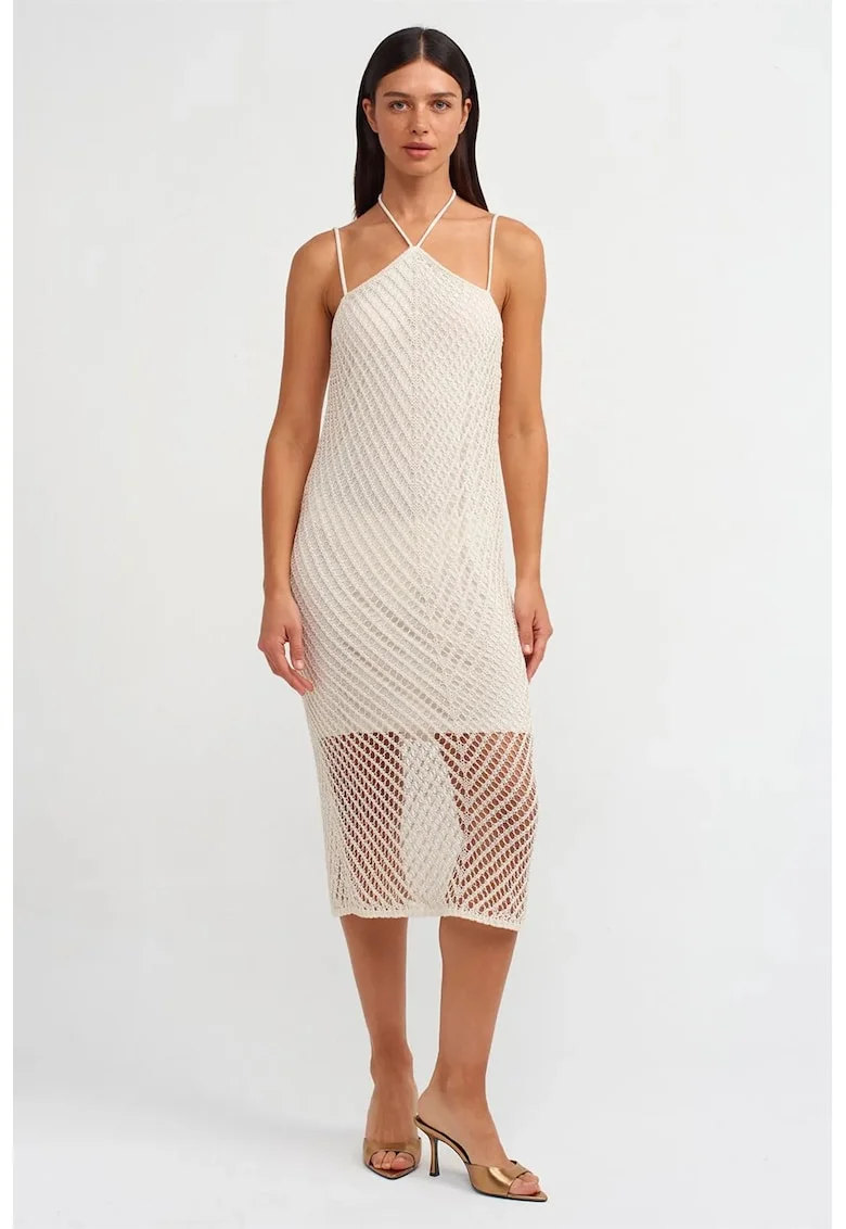 Rochie Midi,  cu Guler Halter, Decupaje, Crem Natural, Tricot Texturat, One Size