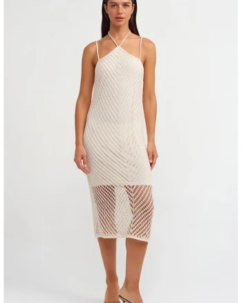Rochie Midi,  cu Guler Halter, Decupaje, Crem Natural, Tricot Texturat, One Size