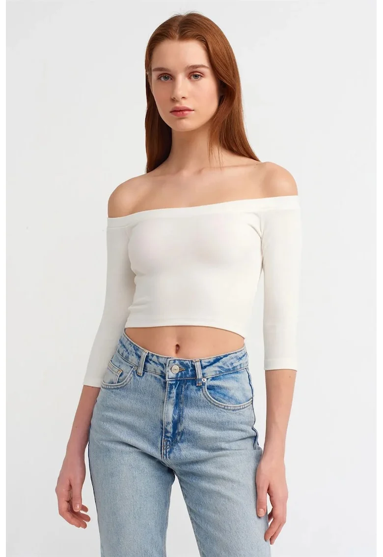 Bluza crop dama  alb, bumbac cu elastan, decolteu off-shoulder, maneci trei sferturi,