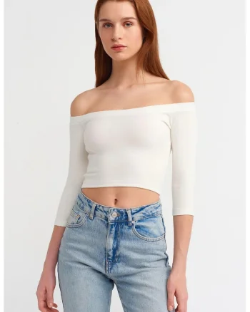 Bluza crop dama  alb, bumbac cu elastan, decolteu off-shoulder, maneci trei sferturi,