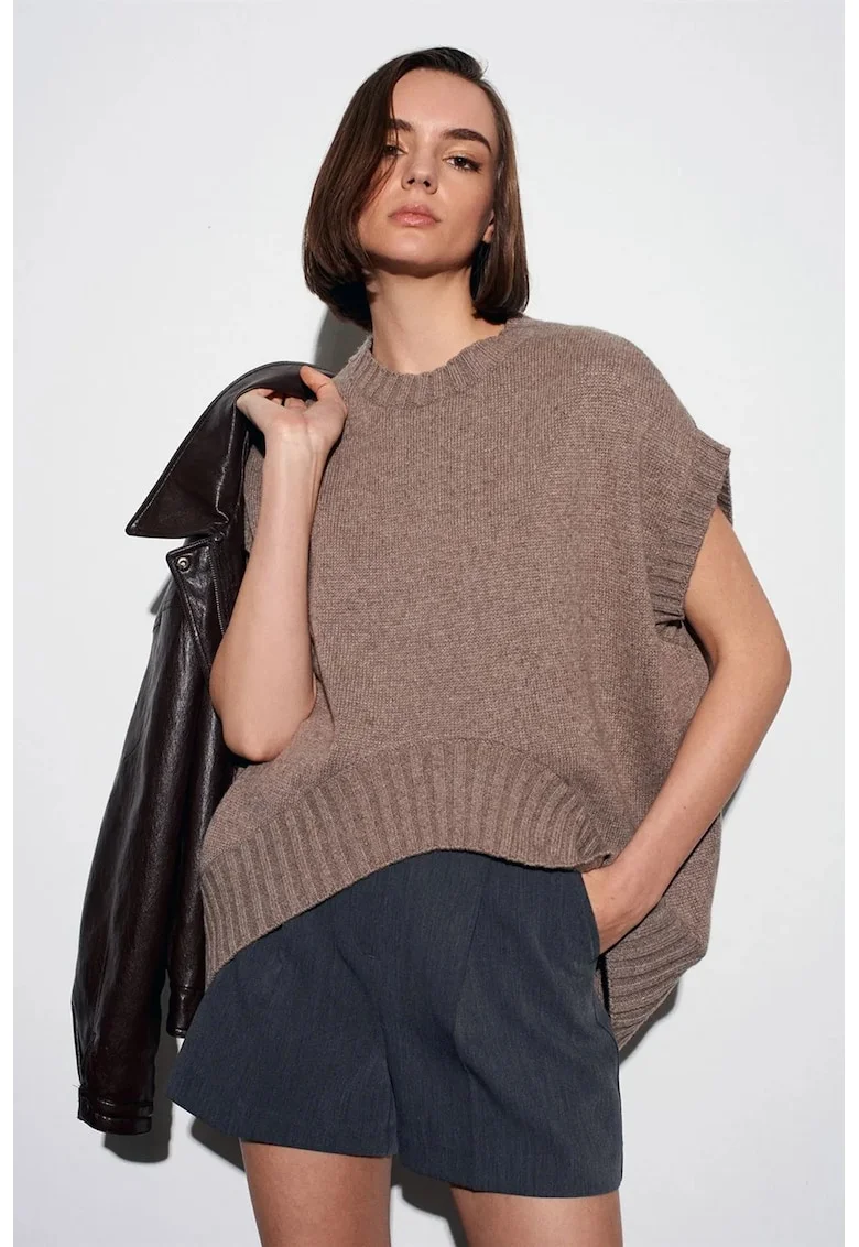 Pulover dama,  vesta pulover tricotata supradimensionata, maro mocha, fara inchidere,