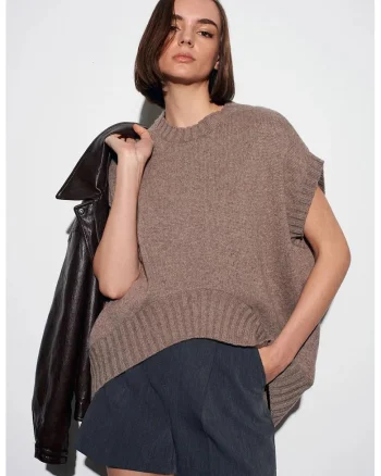 Pulover dama,  vesta pulover tricotata supradimensionata, maro mocha, fara inchidere,