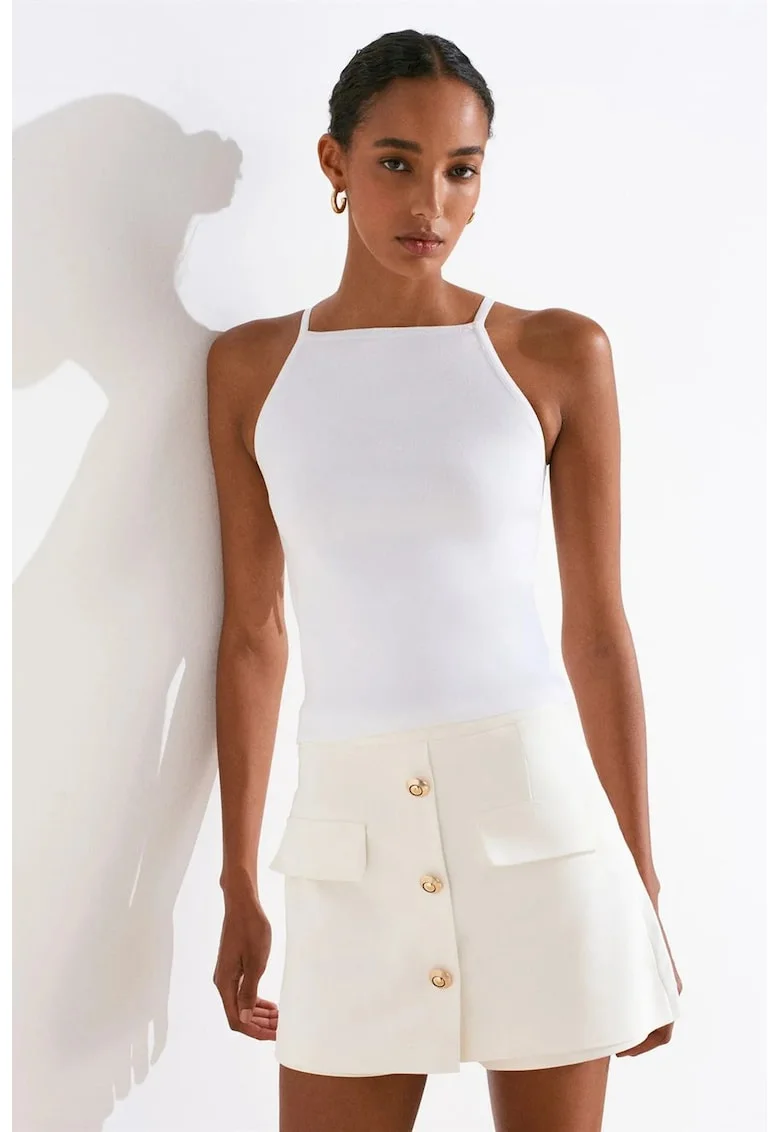 Bluze dama,  bluza tricotata Slim Fit Halter, detaliu funda, alb, casual,