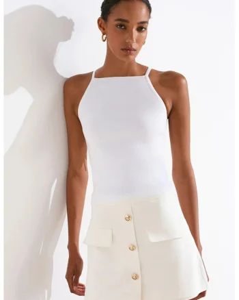 Bluze dama,  bluza tricotata Slim Fit Halter, detaliu funda, alb, casual,