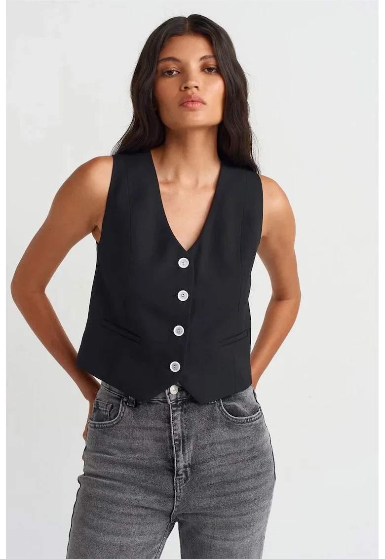 Vesta scurta,  casual, neagra, poliester-viscoza-elastan,