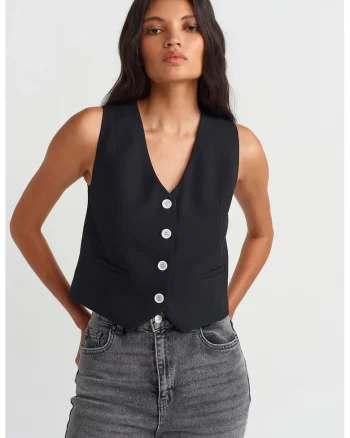 Vesta scurta,  casual, neagra, poliester-viscoza-elastan,
