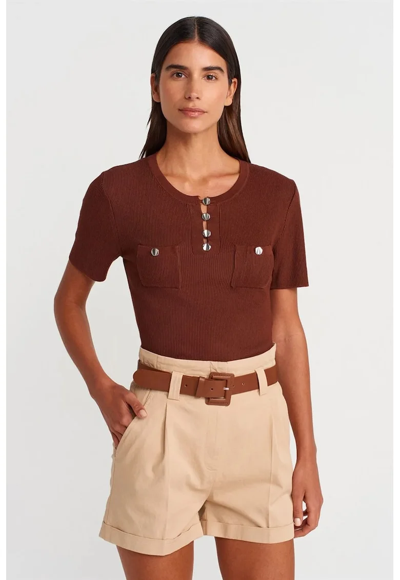 Bluza dama,  regular fit, maneci scurte, maro castaniu, tricot din viscoza si poliamida,