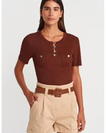Bluza dama,  regular fit, maneci scurte, maro castaniu, tricot din viscoza si poliamida,