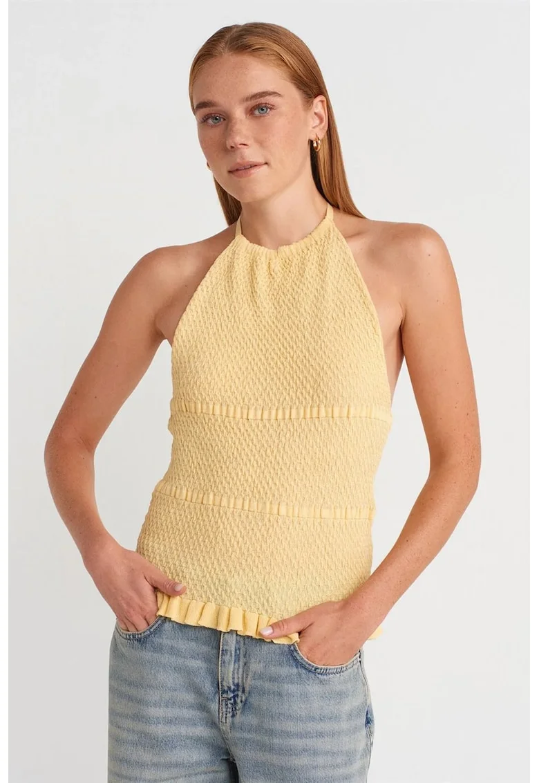 Bluza dama,  slim fit, galben lamaie, detalii volanase, tricot din viscoza si poliamida,