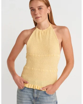 Bluza dama,  slim fit, galben lamaie, detalii volanase, tricot din viscoza si poliamida,