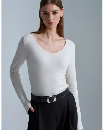 Pulover dama,  slim fit, decolteu in V, alb, tricot reiat,