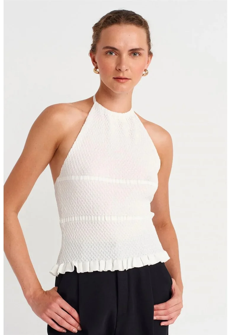Bluza dama,  slim fit, detalii volanase, alb, tricot din viscoza si poliamida,