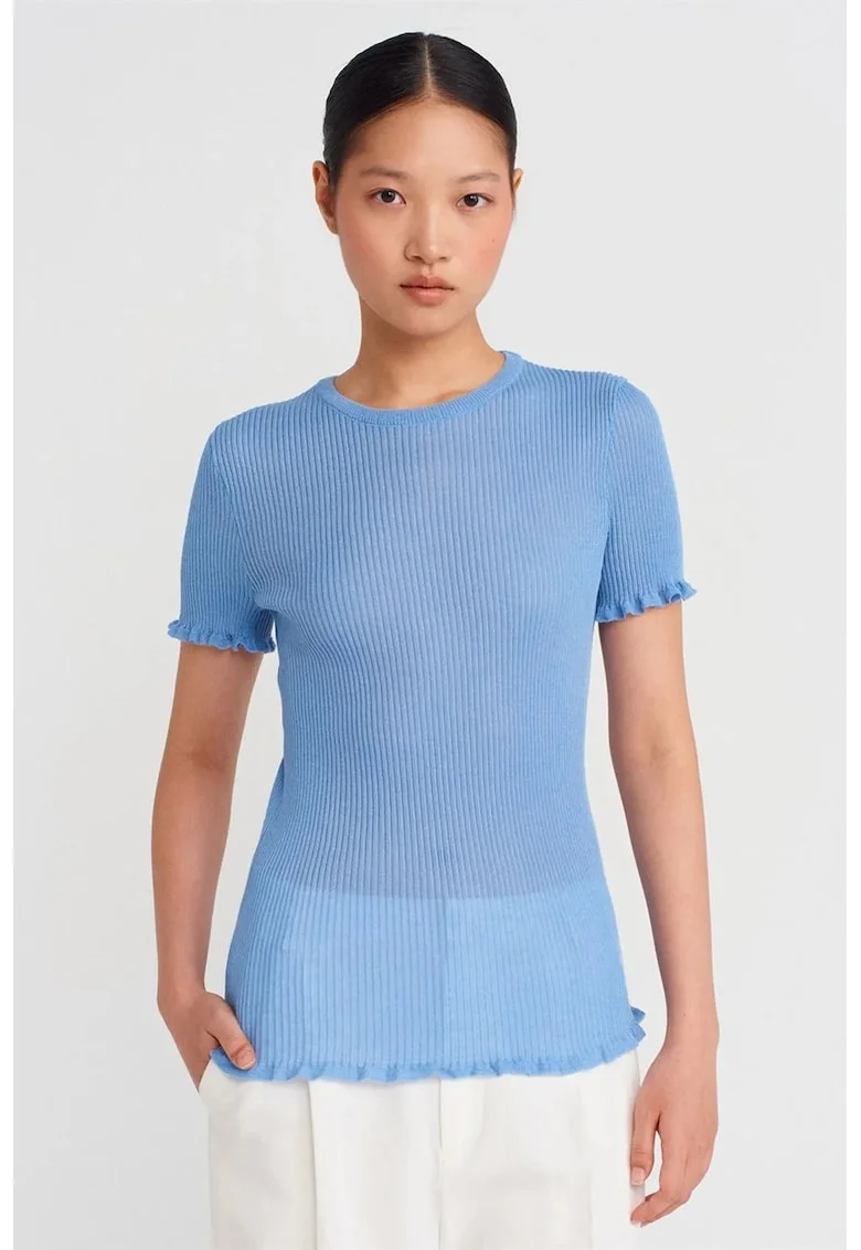 Bluza dama,  Bluza Slim Fit cu Volane, Albastru Deschis, 100% poliester
