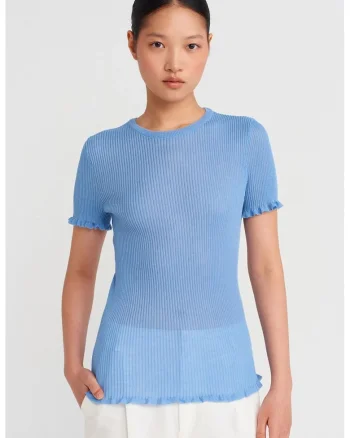 Bluza dama,  Bluza Slim Fit cu Volane, Albastru Deschis, 100% poliester