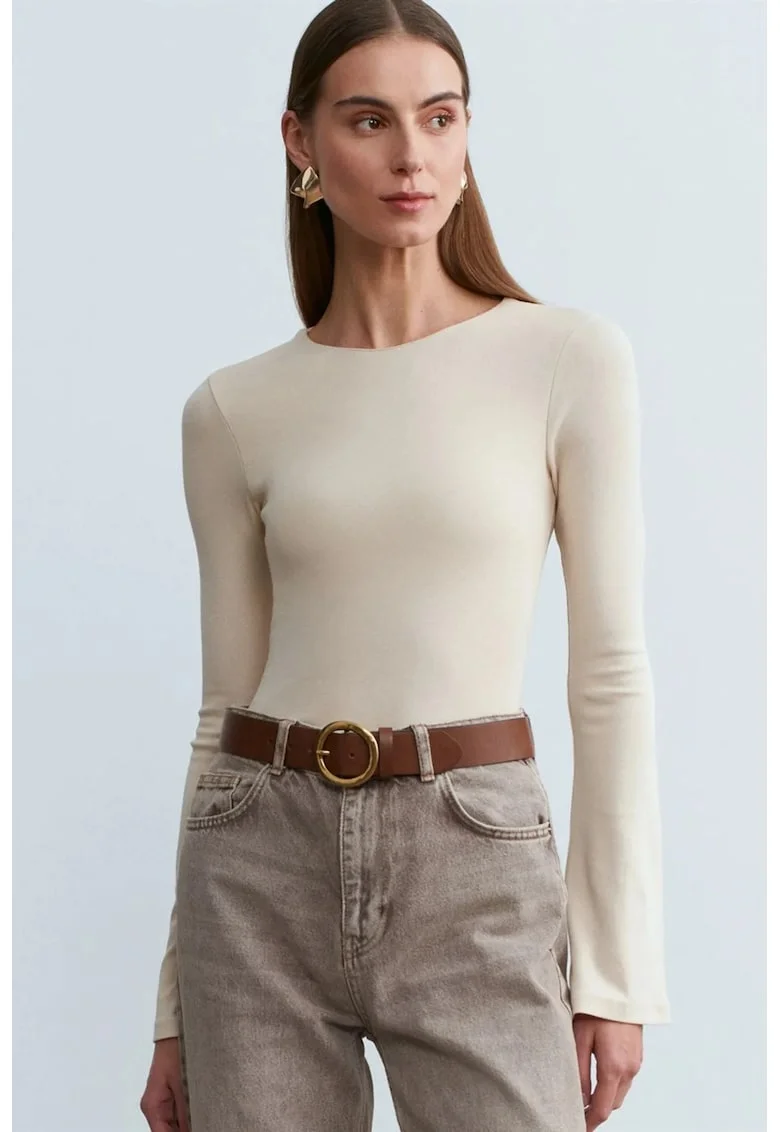 Bluze dama,  bluza cu maneca lunga, croiala slim fit, crem natural, bumbac/modal/elastan,
