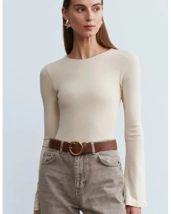 Bluze dama,  bluza cu maneca lunga, croiala slim fit, crem natural, bumbac/modal/elastan,