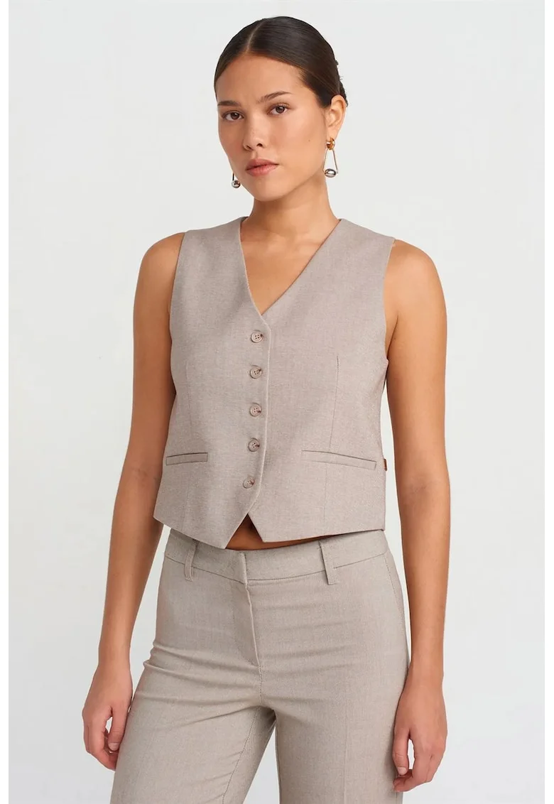 Vesta scurta,  decolteu in V, cu cordon, bej natural, crep tesut,