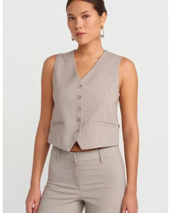 Vesta scurta,  decolteu in V, cu cordon, bej natural, crep tesut,