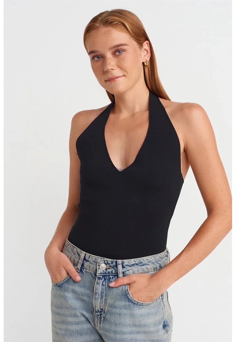 Bluza dama,  slim fit, negru, tricotat, guler halter, detaliu imprimat pe spate,