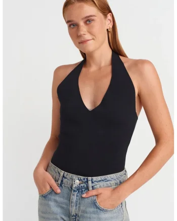 Bluza dama,  slim fit, negru, tricotat, guler halter, detaliu imprimat pe spate,