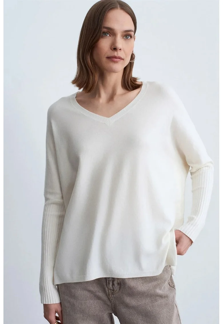 Pulover dama,  tricotat, decolteu in V, uni, ivory natural, viscoza, poliester, casmir,