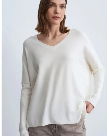 Pulover dama,  tricotat, decolteu in V, uni, ivory natural, viscoza, poliester, casmir,
