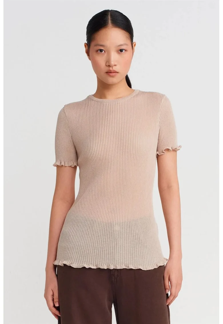Bluza dama,  Bluza Slim Fit cu Volane, Bej Natural, 100% poliester,