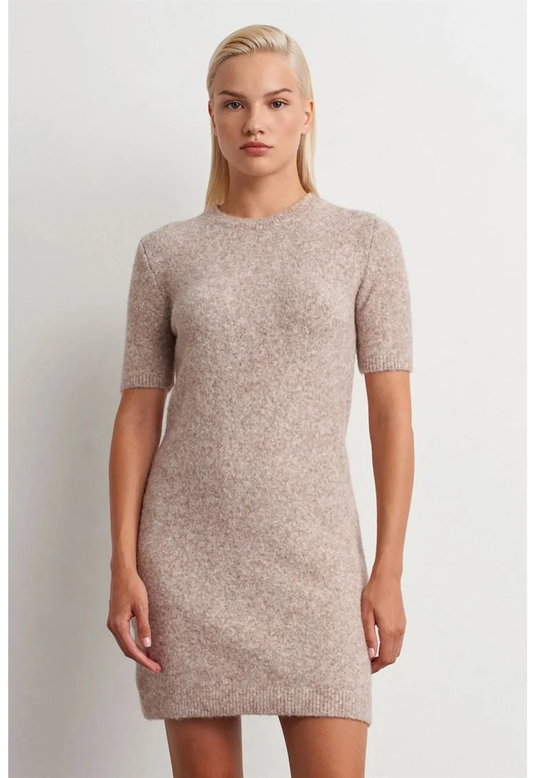 Rochie Mini,  tricotata, casual, guler rotund, ovaz natural, fara inchidere,