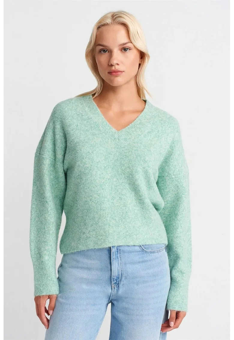 Pulover dama,  regular-fit, cu nervuri, verde menta, tricotat,