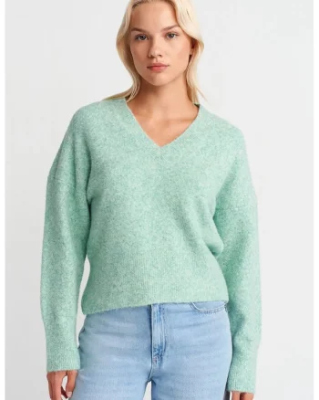 Pulover dama,  regular-fit, cu nervuri, verde menta, tricotat,