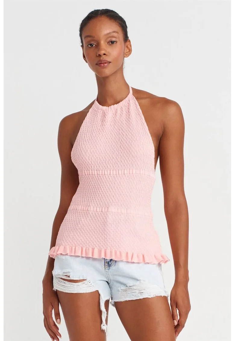 Bluza dama,  slim fit, volanase, roz pudrat, tricot viscoza si poliamida,