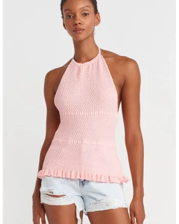 Bluza dama,  slim fit, volanase, roz pudrat, tricot viscoza si poliamida,