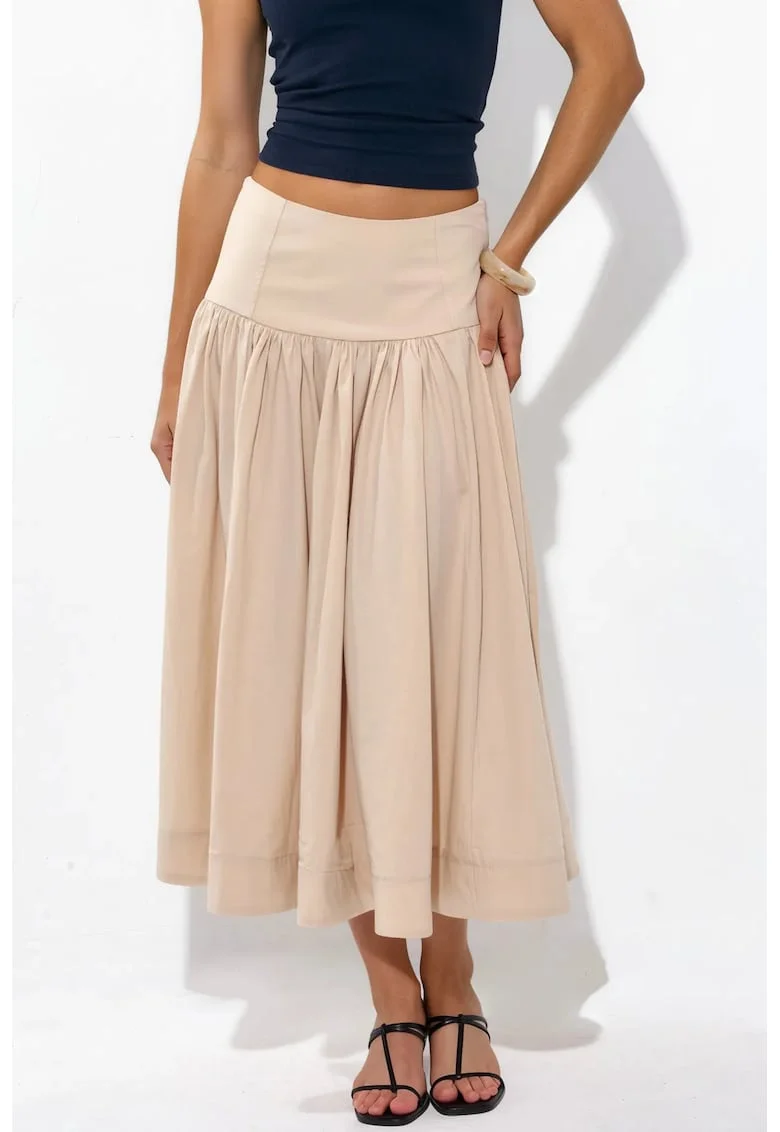 Fusta Midi,  A-Line, Bej Natural, Elastic, Bumbac/Poliester,