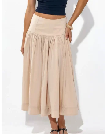Fusta Midi,  A-Line, Bej Natural, Elastic, Bumbac/Poliester,