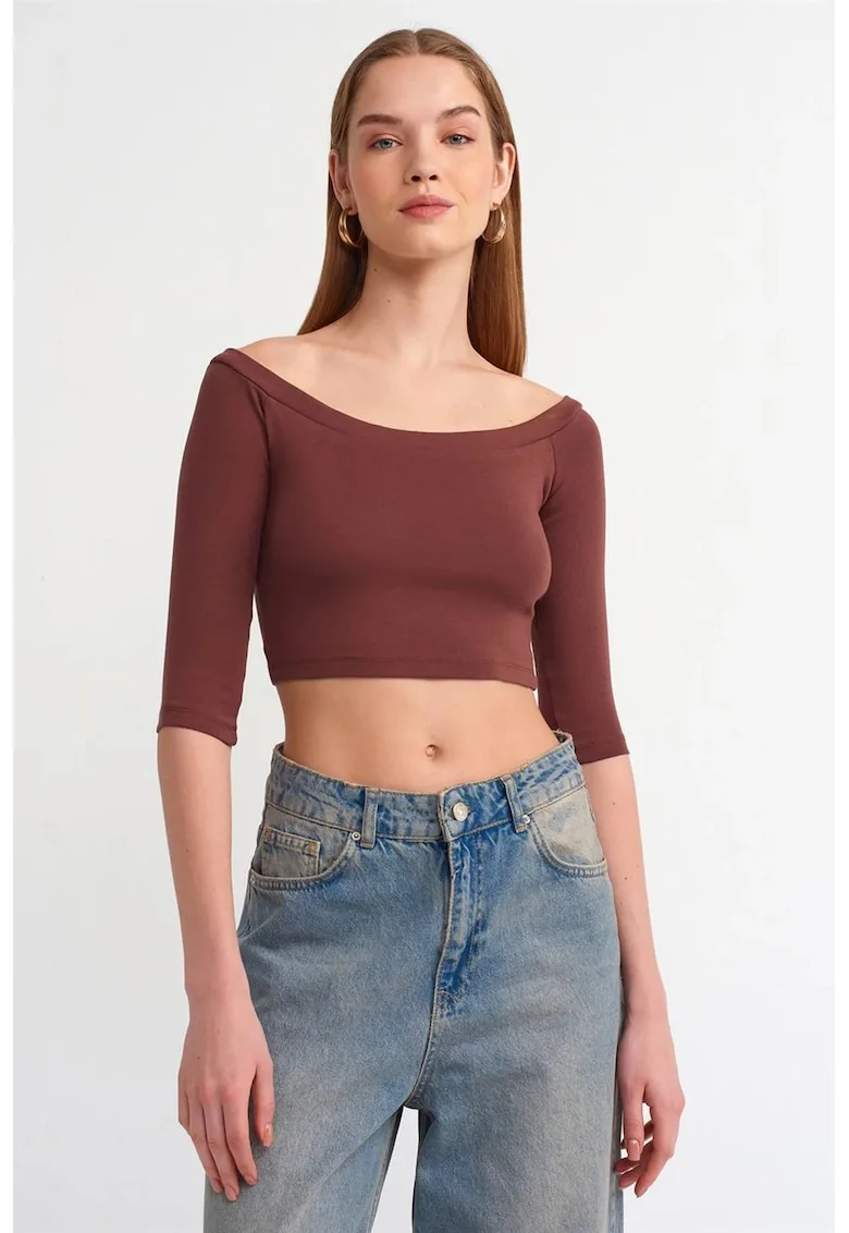 Bluza dama  scurta, visiniu, bumbac cu elastan, croiala slim, decolteu off-shoulder,