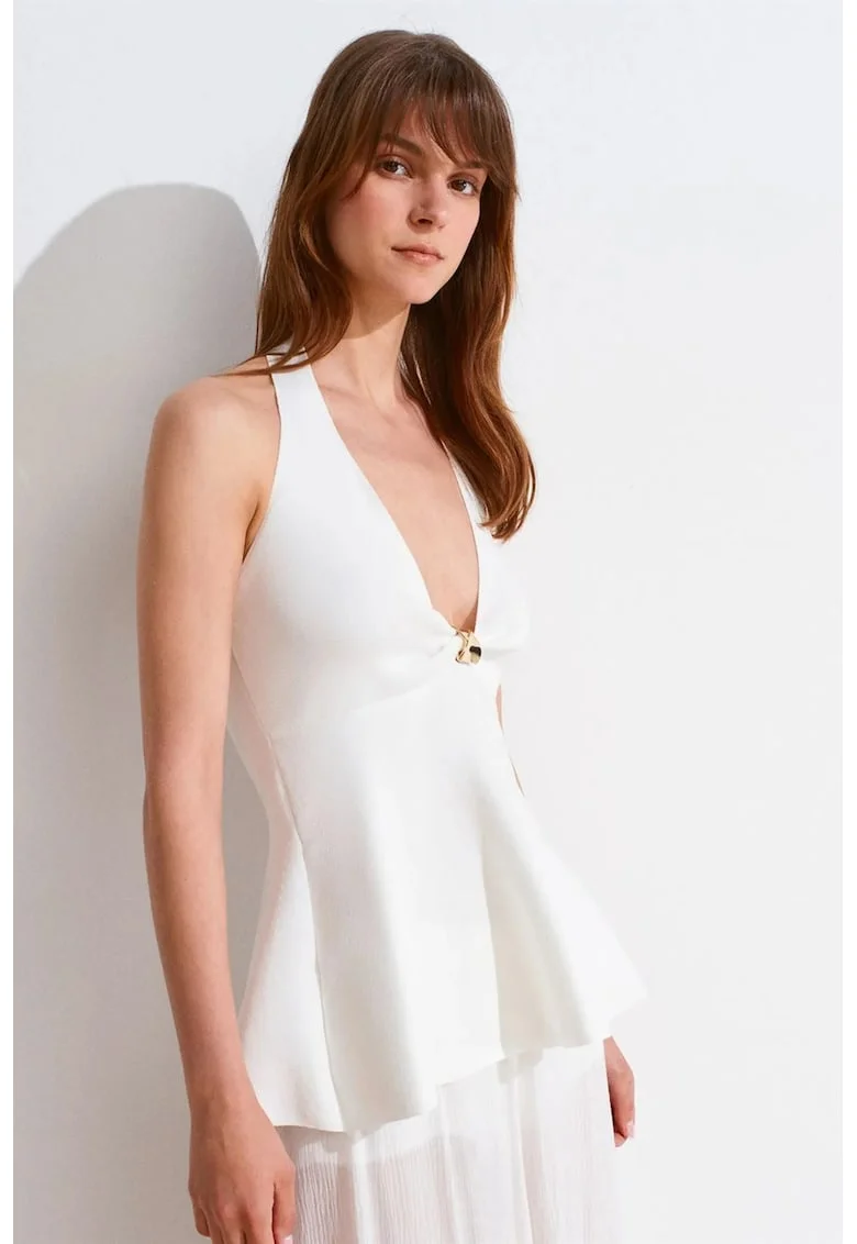 Bluza  mulata, alb, fara inchidere, cu decolteu halter si peplum,