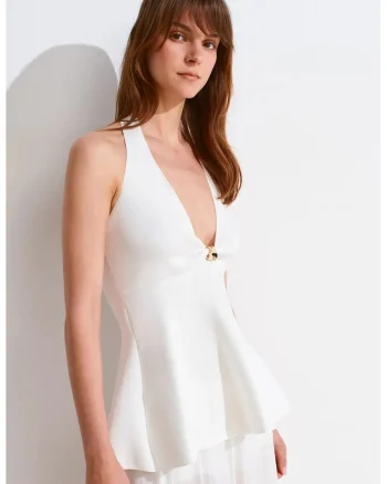 Bluza  mulata, alb, fara inchidere, cu decolteu halter si peplum,