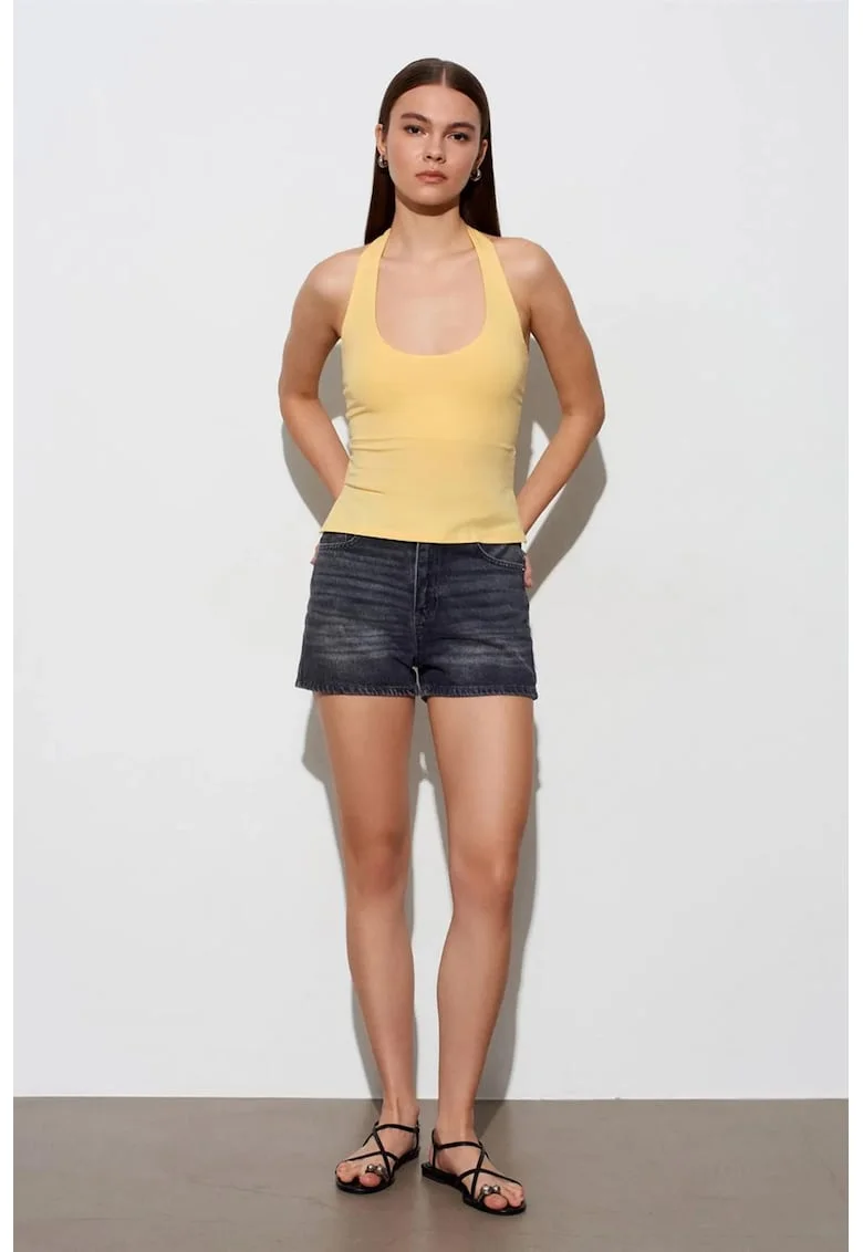 Bluze dama,  bluza cu guler halter, decupaje, galben lamaie, tricot lycra,