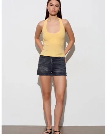 Bluze dama,  bluza cu guler halter, decupaje, galben lamaie, tricot lycra,