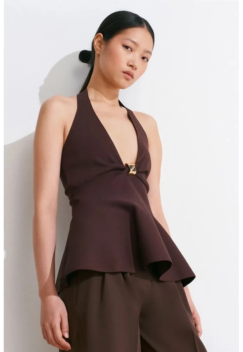 Bluze dama,  Bluza Seamless Halter Peplum, elegant, maro mocha inchis, fara inchidere,