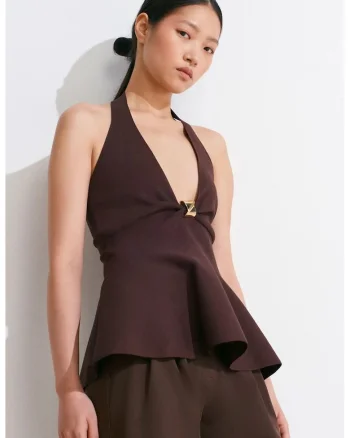 Bluze dama,  Bluza Seamless Halter Peplum, elegant, maro mocha inchis, fara inchidere,