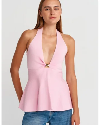 Bluza dama,  Bluza Halter Peplum, elegant, roz pudra, fara inchidere,