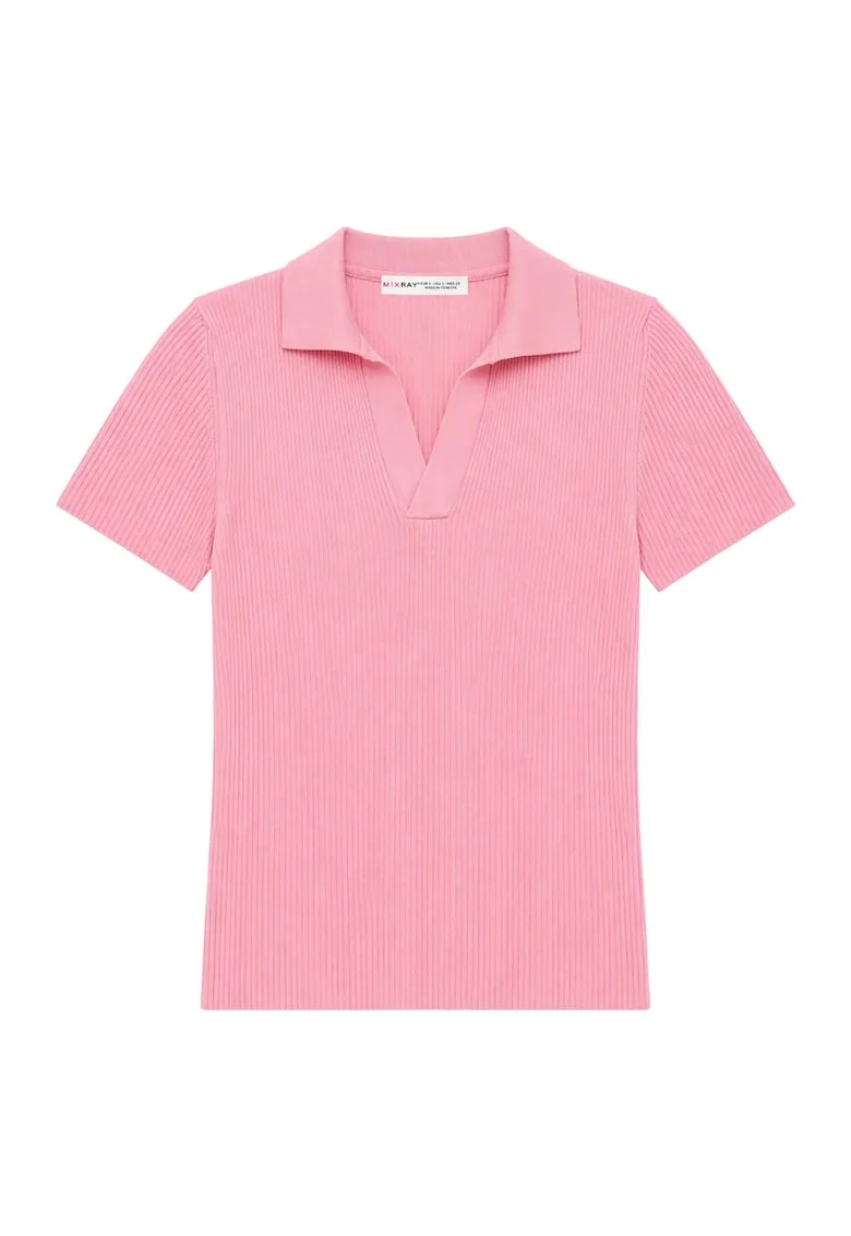 Bluza dama,  guler polo, roz pudra, tricotaj poliamida,