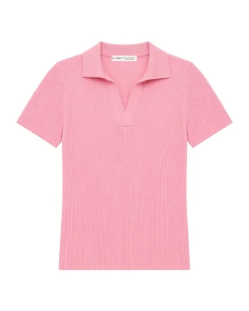 Bluza dama,  guler polo, roz pudra, tricotaj poliamida,