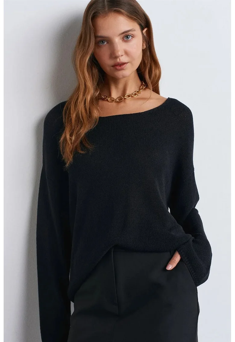 Pulover dama,  cu guler barcuta, maneci lungi, negru, acril si poliamida,